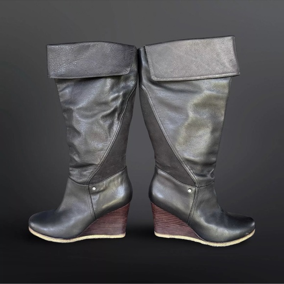 Ugg RAVENNA Black Tall Wedge Fall Winter Leather Cuffed Knee Boot - Size 8.5 - Picture 4 of 10